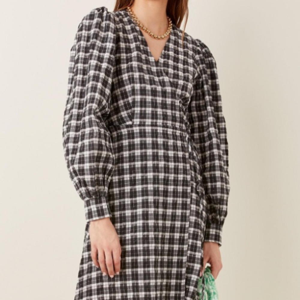 GANNI Plaid Print Seersucker Midi Wrap Dress